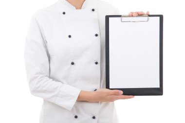 Clipboard ile kopya alanı üzerinde beyaz izole kadın Şef elinde