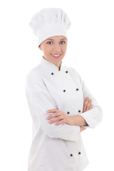 Portrét mladé ženy šéfkuchař izolované na bílém — Stock fotografie