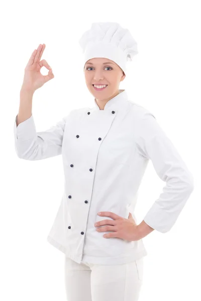 Young attractive woman chef  showing ok sign isolated on white — Stock Photo, Image