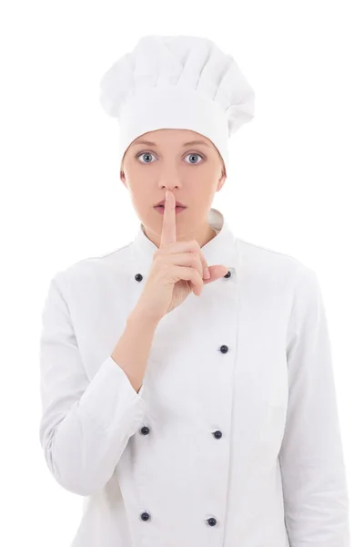 Młoda atrakcyjna kobieta kucharz Wyświetlono ciszy znak na białym tle na whi — Zdjęcie stockowe