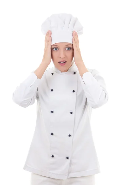 Stressed woman in chef uniform isolated on white — Stock Photo, Image