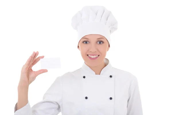 Young woman chef  in uniform showing visiting card isolated on w — Stock Photo, Image