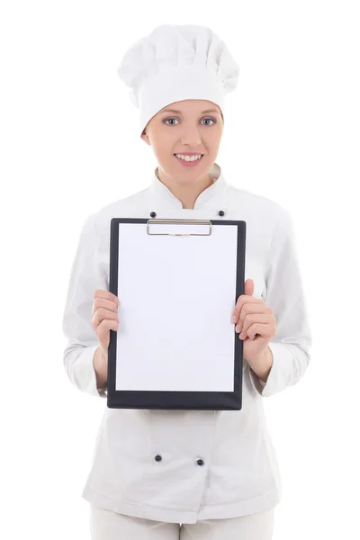 Young woman chef in uniform holding clipboard with blank paper i — Stock Photo, Image