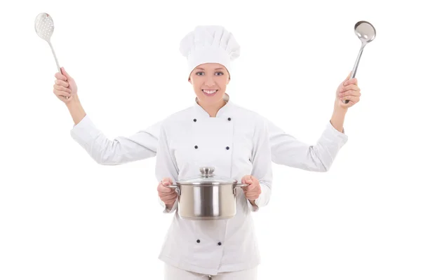 Foto de concepto de mujer atractiva chef uniformes con cuatro hectáreas — Foto de Stock