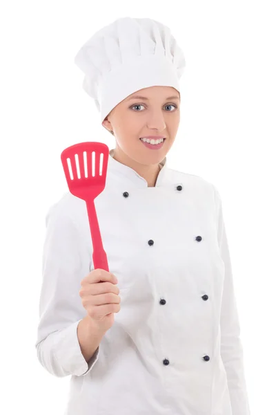 Mujer joven en uniforme de chef aislado en blanco —  Fotos de Stock