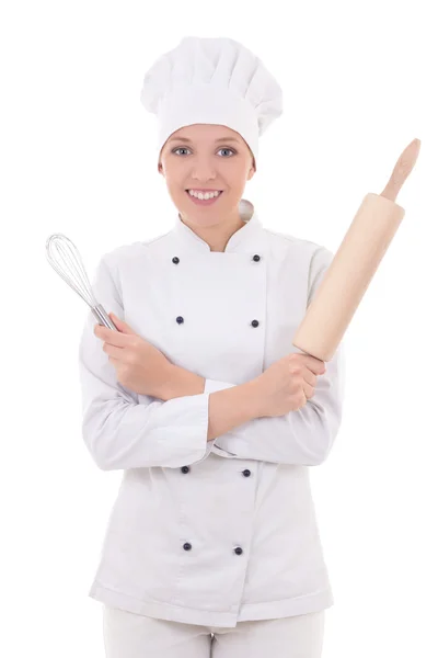 Young woman in chef uniform with wooden baking rolling pin and w — Stock Photo, Image