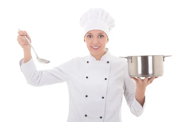 Mujer joven en uniforme con olla y cuchara grande aislado del cocinero —  Fotos de Stock
