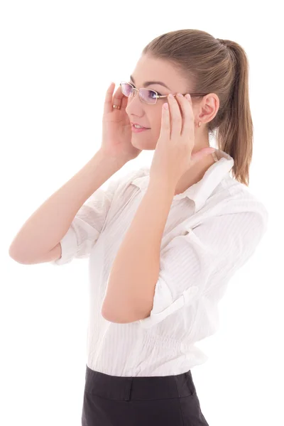 Mujer de negocios joven en vidrios del ojo aislado en blanco —  Fotos de Stock