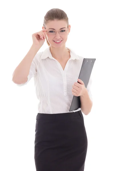 Happy young beautiful business woman with clipboard isolated on — Stock Photo, Image