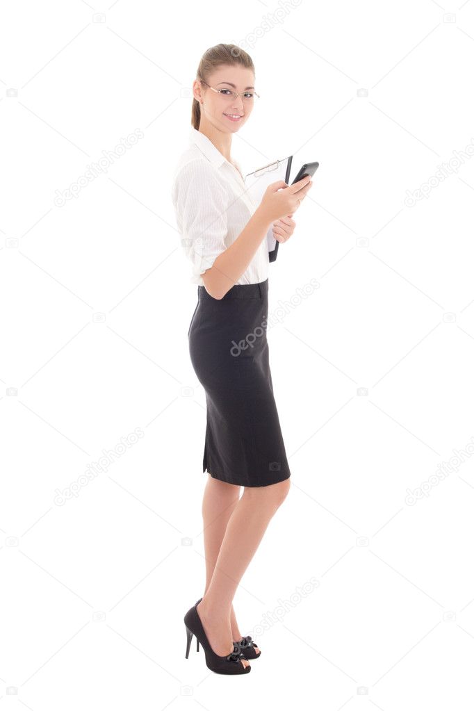 young beautiful business woman holding cell phone isolated on wh