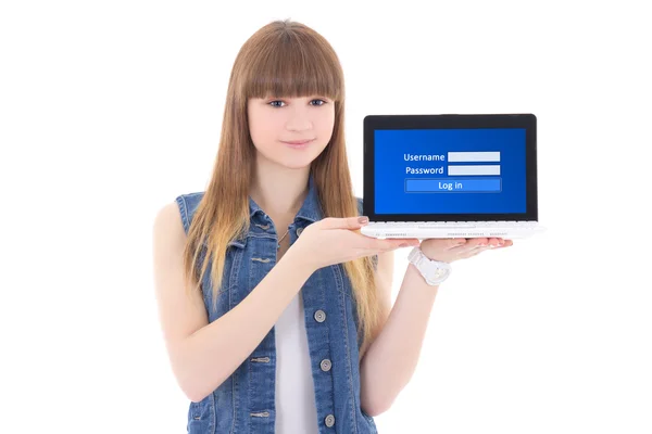 Linda garota adolescente segurando laptop com painel de login na tela isol — Fotografia de Stock