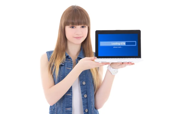 Cute teenage girl downloading something from internet using lapt — Stock Photo, Image