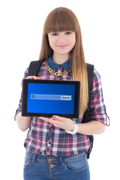 Tienermeisje bedrijf tablet pc met zoekbalk op scherm isolaat — Stockfoto