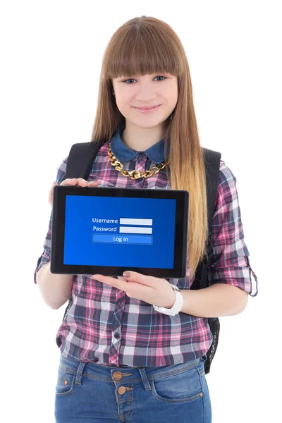 Teenage girl holding tablet pc with login screen isolated on whi — Stock Photo, Image