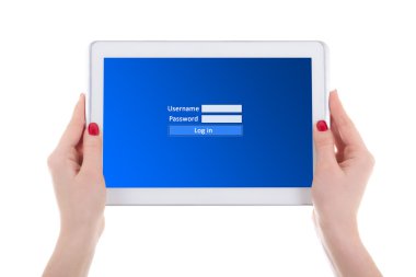 Modern tablet pc giriş paneli ekranında erkek ile isol eller
