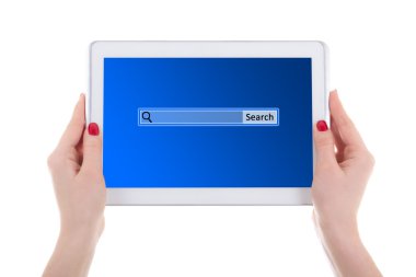 Modern tablet pc ile arama çubuğu ekranda erkek Isola eller