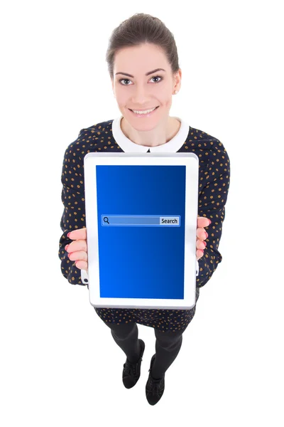 Young beautiful business woman showing tablet computer with sear — Stock Photo, Image