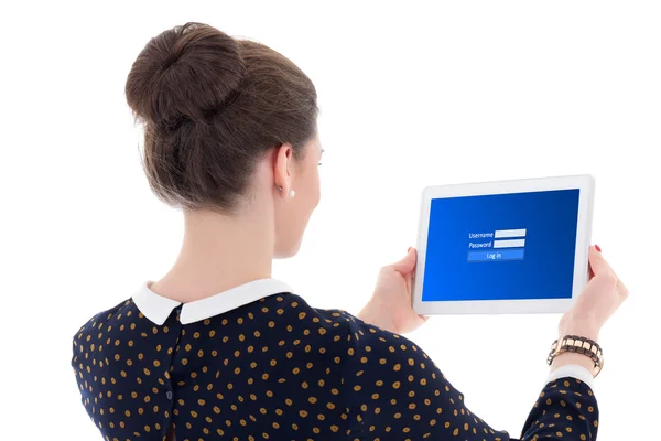 Vista posteriore di bella business donna mostrando tablet pc con registro — Foto Stock