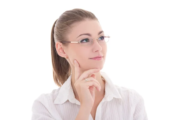 Portrait of young beautiful business woman in glasses dreaming i — Stock Photo, Image