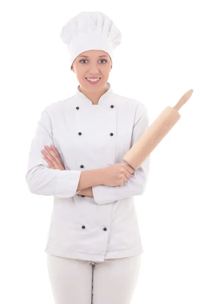 Woman in chef uniform with baking rolling pin isolated on white — Stock Photo, Image