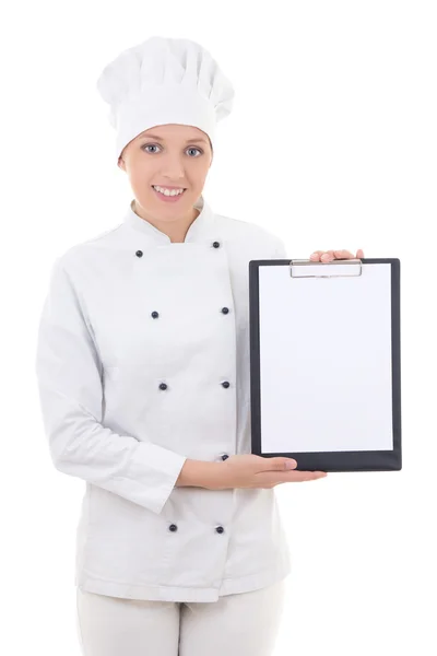 Happy young woman in chef uniform holding clipboard with copy sp — Stock Photo, Image