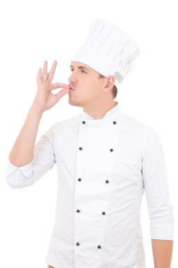 mutlu genç adam Şef beyaz bitti izole lezzetli ok işaret gösteren