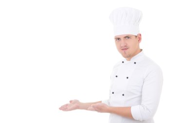 gösterilen veya izole bir şey sunmak yakışıklı delikanlı Şef