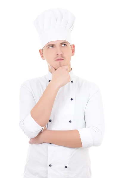 Young handsome man chef dreaming isolated over white — Stock Photo, Image