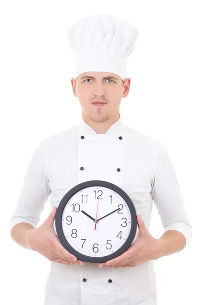 Cuoco unico di giovane uomo in uniforme che tiene ufficio orologio isolato su bianco — Foto Stock