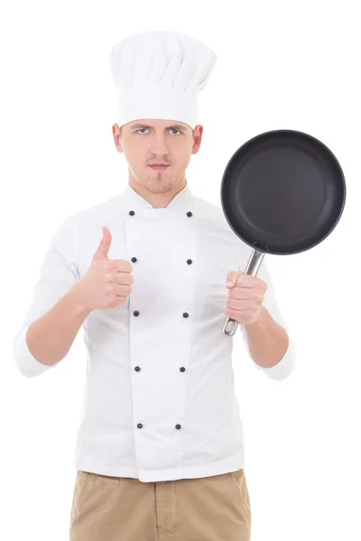 Young handsome man chef in uniform with teflon frying pan thumbs — Stock Photo, Image