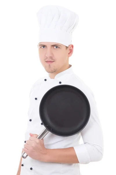 Porträtt av ung vacker man kock i uniform med teflon fryin — Stockfoto