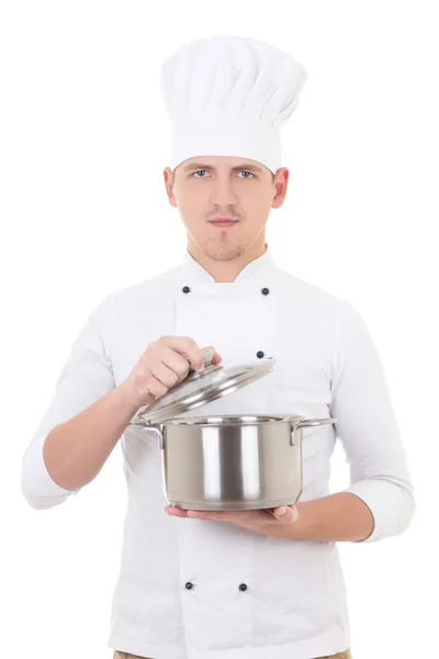 Young man in chef uniform holding saucepan isolated on white — Stok Foto
