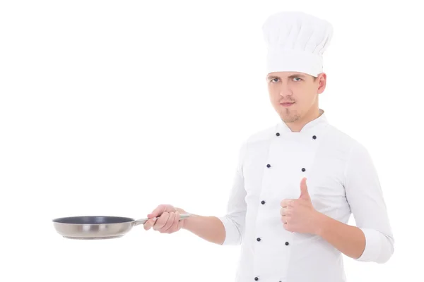 Man in chef uniform thumbs up and holding frying pan isolated on — Stock Photo, Image