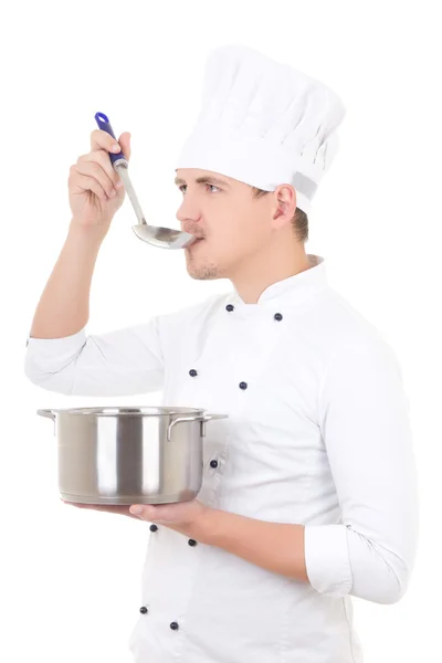 Man in uniform proeven iets van steelpan chef-kok geïsoleerd op — Stockfoto