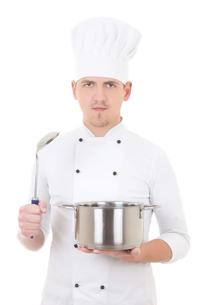 Young man in chef uniform holding saucepan and spoon isolated on — Stock Photo, Image