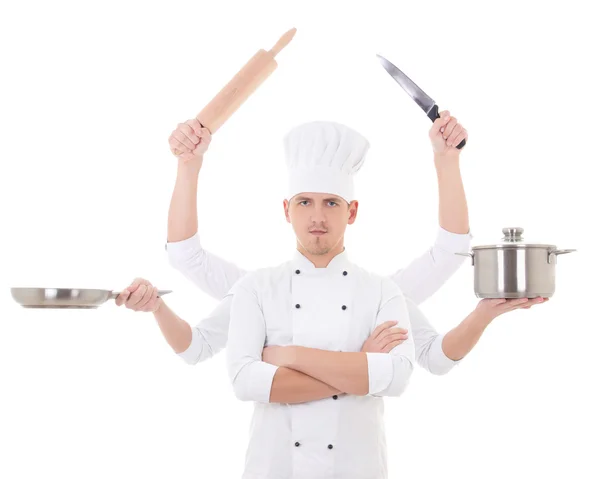 Koken concept-jonge man in uniform met zes handen holdin chef-kok — Stockfoto