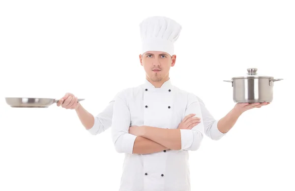 Cooking concept - young man in chef uniform with four hands hold — Stock Photo, Image