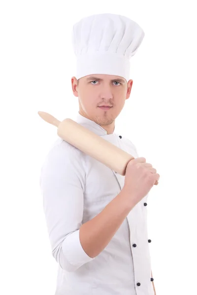Man in chef uniform with wooden baking rolling pin isolated on w — Stock Photo, Image