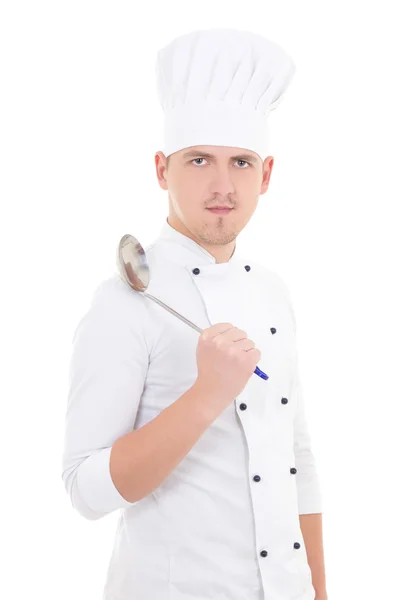 Man in chef uniform with sauce spoon isolated on white — Stok Foto