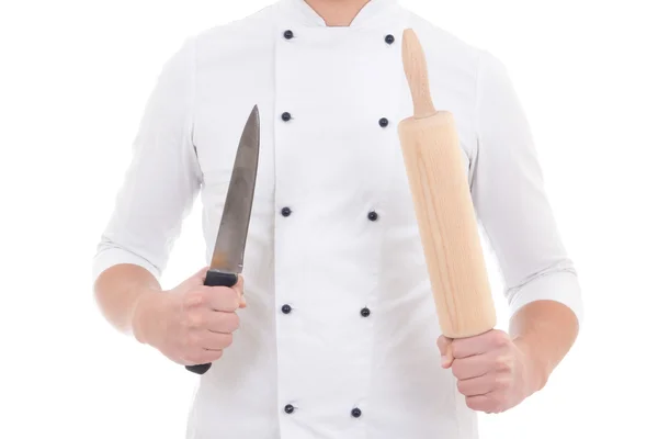 Wooden baking rolling pin and knife in chef hands isolated on wh — Stock Photo, Image