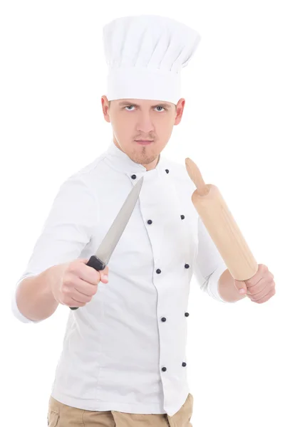 Funny young man in chef uniform with wooden baking rolling pin a — Stock Photo, Image