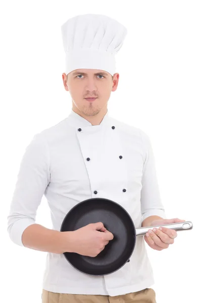 Funny young man in chef uniform playing frying pan like a guitar — Stock Photo, Image