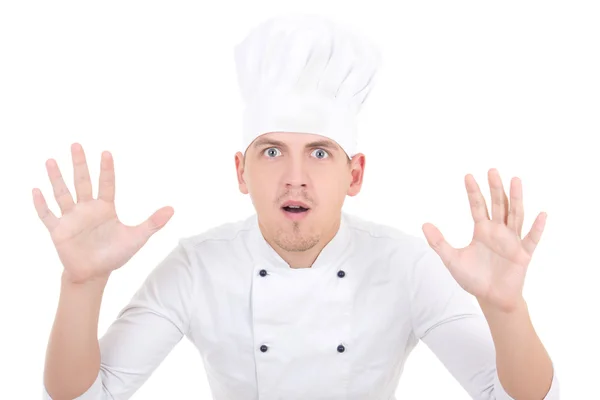 Wstrząśnięty zabawny człowiek w jednolity kuchni na białym tle — Zdjęcie stockowe