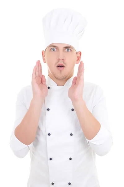 Retrato del sorprendido hombre en uniforme del cocinero aislado en blanco — Foto de Stock