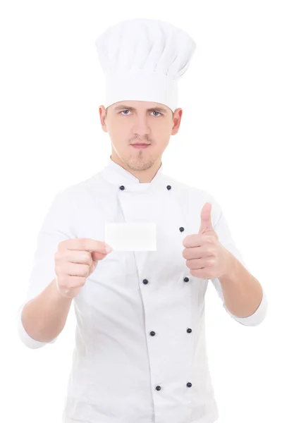 Young man chef  in uniform thumbs up and showing blank visiting — Stock Photo, Image