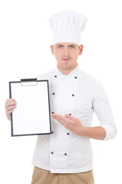 Jovem na prancheta de apresentando uniforme chef com cópia espaço isol — Fotografia de Stock