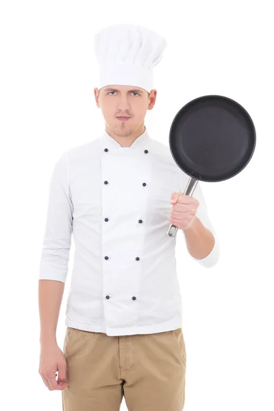 Young handsome man chef in uniform with teflon frying pan isolat — kuvapankkivalokuva