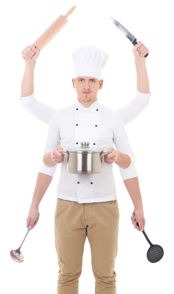 Cooking concept - man in chef uniform with 6 hands holding kitchen equipment isolated on white background — Stock Photo, Image