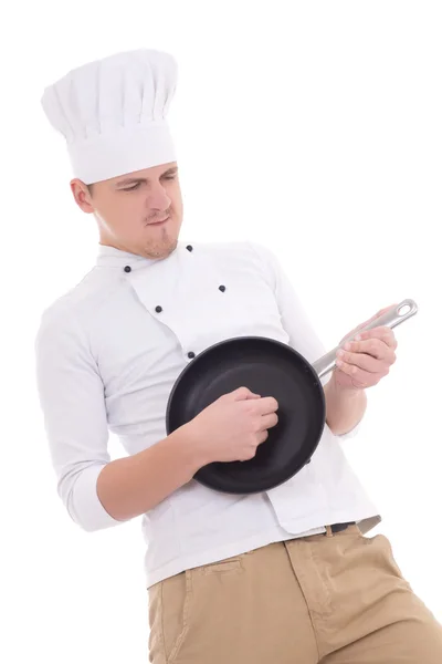 Homem engraçado no chef uniforme jogando frigideira como um guitarra isola — Fotografia de Stock