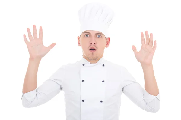 Shocked man in chef uniform isolated on white — Stock Photo, Image